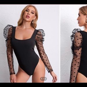 Polka Dot Flocked Mesh Gigot Bodysuit
